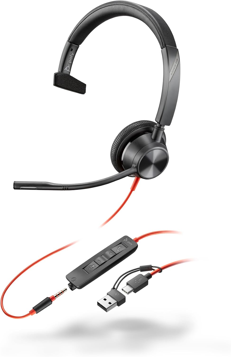 Poly Blackwire 3315 - Blackwire 3300 Series - Headset - On-Ear - Wired - Active Noise Reduction - 3.5 mm Plug, USB-C - Black - UC Certified