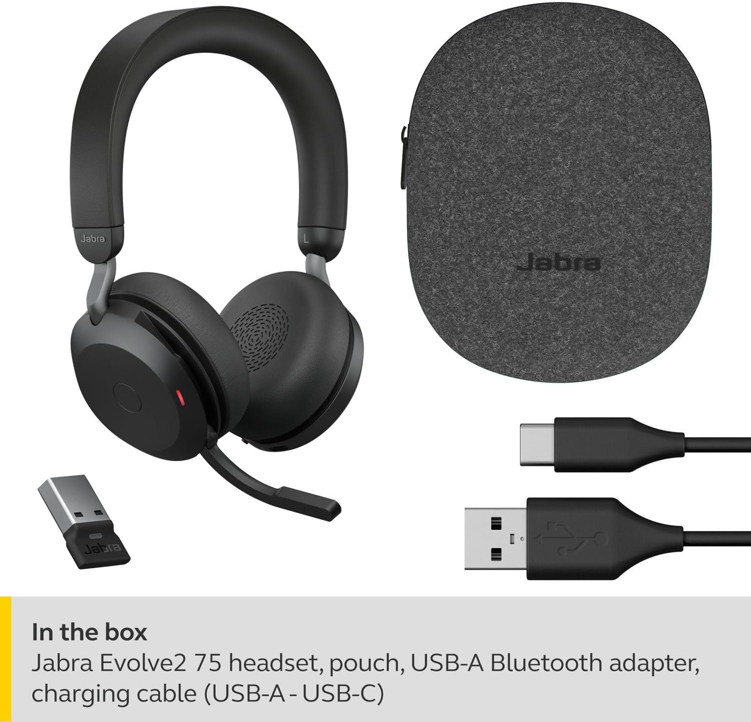 Jabra Evolve2 75 Wireless PC Headset with 8-Microphone Technology - Dual Foam Stereo Headphones with Advanced Active Noise Cancellation, USB-A Bluetooth Adapter and MS Teams-compatibility - Black