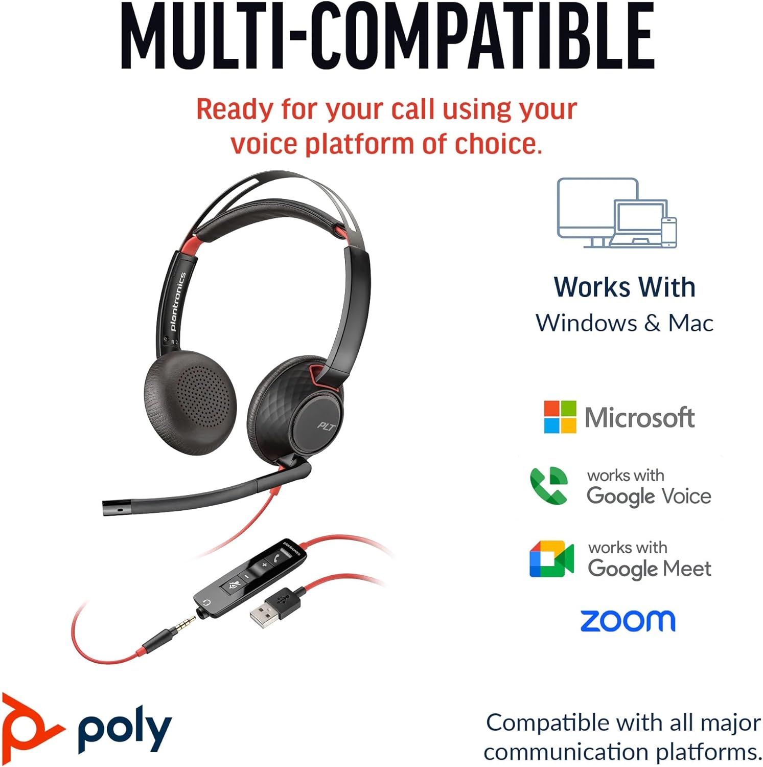 Plantronics Poly Blackwire 5220 Stereo USB-C Headset +3.5mm Plug +USB-C/A Adapter